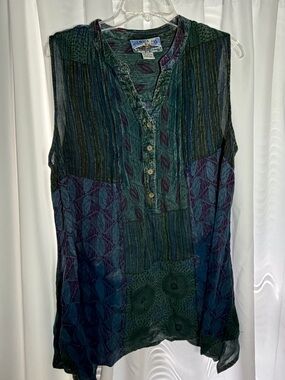 TIENDA HO Green & Blue & Purple Batik Style Print Sleeveless Tunic Top One SZ